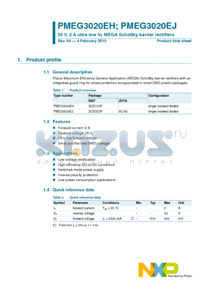 PMEG3020EH datasheet - 30 V, 2 A ultra low VF MEGA Schottky barrier rectifiers