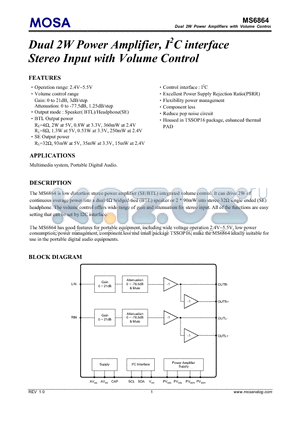 MS6864 datasheet - Dual 2W Power Amplifier, I2C interface Stereo Input with Volume Control