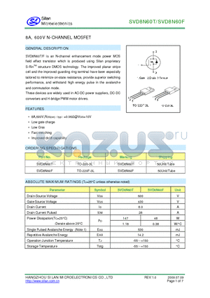 SVD8N60F datasheet - 8A, 600V NCHANNEL MOSFET