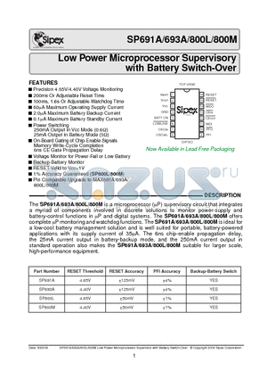 SP691A datasheet - Low Power Microprocessor Supervisory with Battery Switch-Over