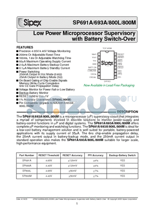 SP691A datasheet - Low Power Microprocessor Supervisory with Battery Switch-Over