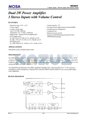 MS6865 datasheet - Dual 2W Power Amplifier 3 Stereo Inputs with Volume Control