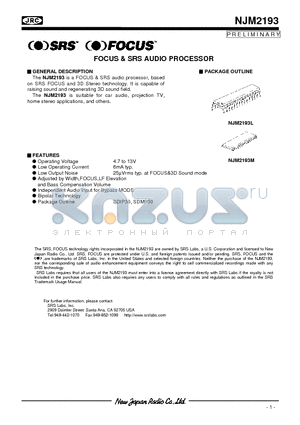 NJM2193 datasheet - FOCUS & SRS AUDIO PROCESSOR