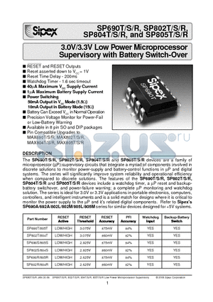 SP690T_06 datasheet - 3.0V/3.3V Low Power Microprocessor Supervisory with Battery Switch-Over