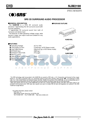 NJM2198L datasheet - SRS 3D SURROUND AUDIO PROCESSOR