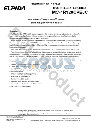 MC-4R128CPE6C-745 datasheet - Direct Rambus DRAM RIMM Module 128M-BYTE (64M-WORD x 16-BIT)