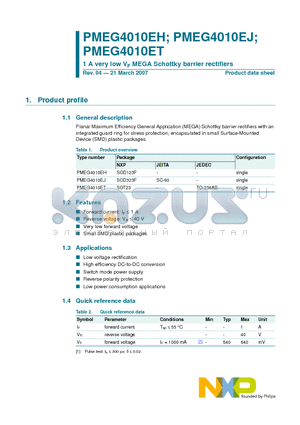 PMEG4010EH datasheet - 1 A very low VF MEGA Schottky barrier rectifiers