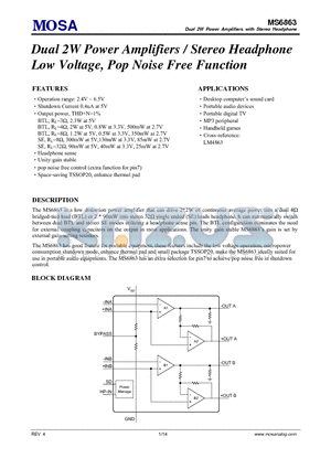 MS6863_1 datasheet - Dual 2W Power Amplifiers / Stereo Headphone Low Voltage, Pop Noise Free Function