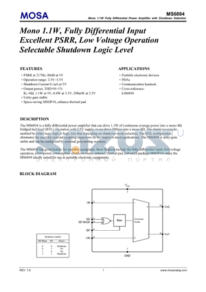 MS6894 datasheet - Mono 1.1W, Fully Differential Input Excellent PSRR, Low Voltage Operation Selectable Shutdown Logic Level