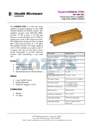 SM08010-37HS datasheet - 800-1000 MHz 5 Watt Linear Power Amplifier