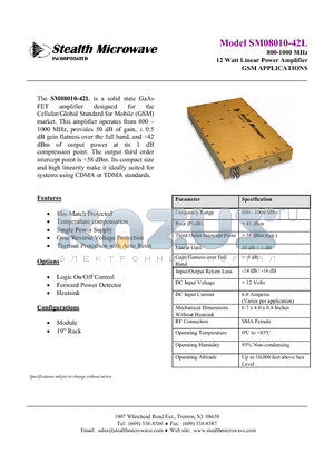 SM08010-42L datasheet - 800-1000 MHz 12 Watt Linear Power Amplifier