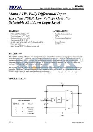 MS6894MGTR datasheet - Mono 1.1W, Fully Differential Input Excellent PSRR, Low Voltage Operation Selectable Shutdown Logic Level