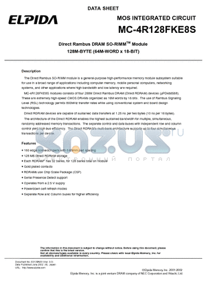 MC-4R128FKE8S datasheet - Direct Rambus DRAM SO-RIMM Module 128M-BYTE (64M-WORD x 18-BIT)