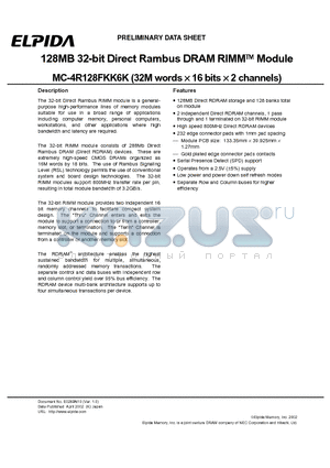MC-4R128FKK6K datasheet - 128MB 32-bit Direct Rambus DRAM RIMM  Module