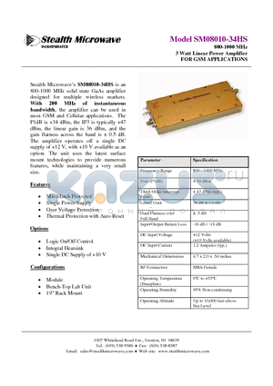 SM08010-34HS datasheet - 800-1000 MHz 3 Watt Linear Power Amplifier