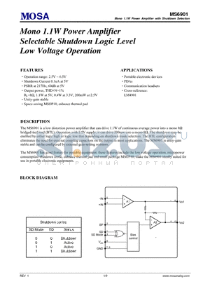 MS6901_1 datasheet - Mono 1.1W Power Amplifier Selectable Shutdown Logic Level Low Voltage Operation