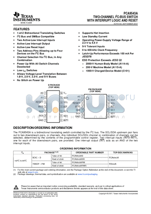 PCA9543A datasheet - TWO-CHANNEL I2C-BUS SWITCH WITH INTERRUPT LOGIC AND RESET