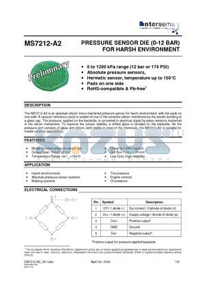 MS7212-A2 datasheet - PRESSURE SENSOR DIE (0-12 BAR) FOR HARSH ENVIRONMENT