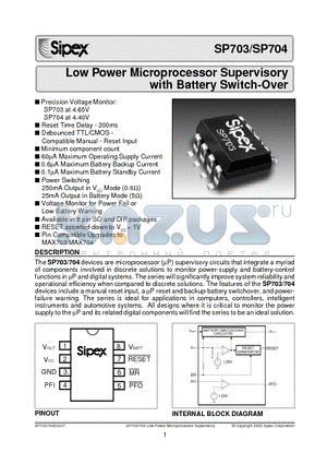 SP703 datasheet - Low Power Microprocessor Supervisory with Battery Switch-Over