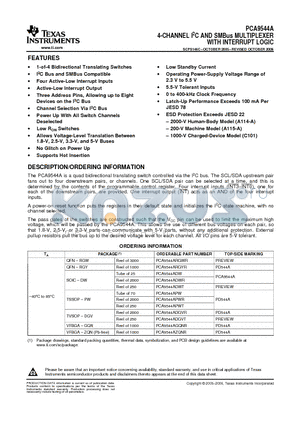 PCA9544A datasheet - 4-CHANNEL I2C AND SMBus MULTIPLEXER WITH INTERRUPT LOGIC