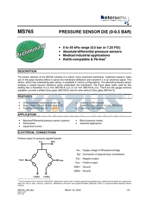 MS765 datasheet - PRESSURE SENSOR DIE (0-0.5 BAR)