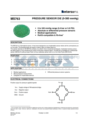 MS763 datasheet - PRESSURE SENSOR DIE (0-300 mmHg)