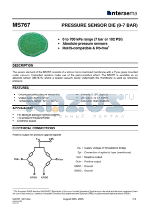 MS767A-0.2 datasheet - PRESSURE SENSOR DIE (0-7 BAR)