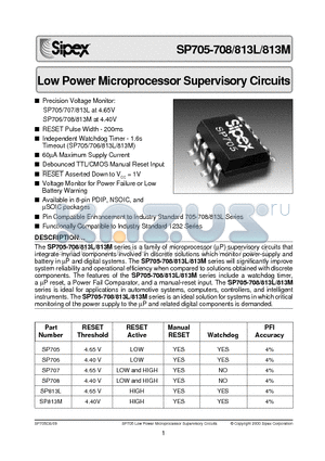 SP705 datasheet - Low Power Microprocessor Supervisory Circuits