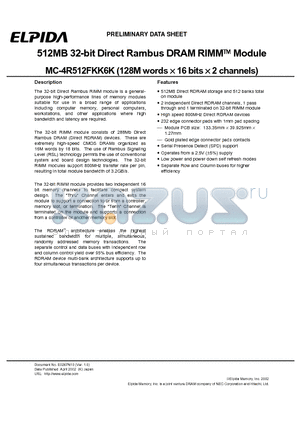 MC-4R512FKK6K-840 datasheet - 512MB 32-bit Direct Rambus DRAM RIMM Module