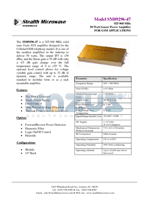 SM09296-47 datasheet - 925-960 MHz 50 Watt Linear Power Amplifier