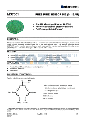 MS7801-A_0.2 datasheet - PRESSURE SENSOR DIE (0-1 BAR)