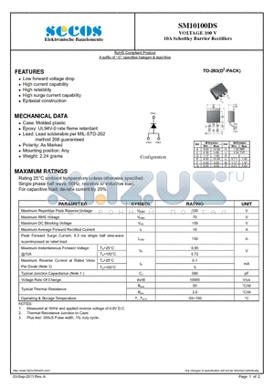 SM10100DS_11 datasheet - VOLTAGE 100 V 10A Schottky Barrier Rectifiers