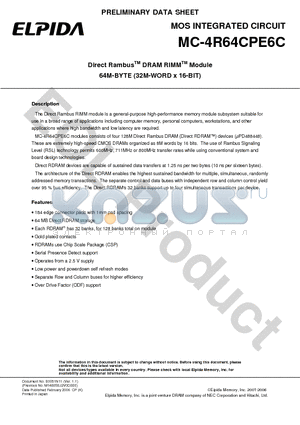 MC-4R64CPE6C-745 datasheet - Direct Rambus DRAM RIMM Module 64M-BYTE (32M-WORD x 16-BIT)