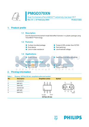 PMGD370XN datasheet - Dual N-channel mTrenchMOS extremely low level FET