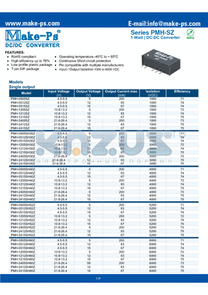 PMH-0505SH60Z datasheet - 1 Watt | DC-DC Converter