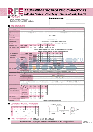 RJ221M1HBK100200 datasheet - ALUMINUM ELECTROLYTIC CAPACITORS RJ/RJA Series: Wide Temp. Anti-Solvent, 105C