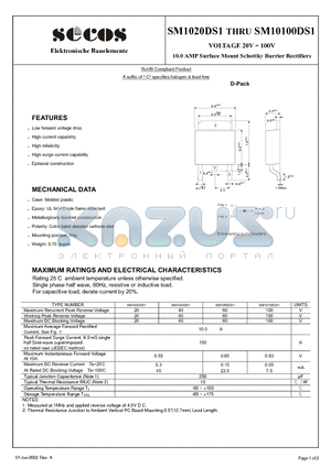 SM1060DS1 datasheet - 10.0 AMP Surface Mount Schottky Barrier Rectifiers