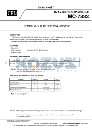 MC-7833-AZ datasheet - 870 MHz CATV 25 dB PUSH-PULL AMPLIFIER