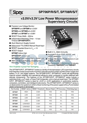 SP706PCN datasheet - 3.0V/3.3V Low Power Microprocessor Supervisory Circuits