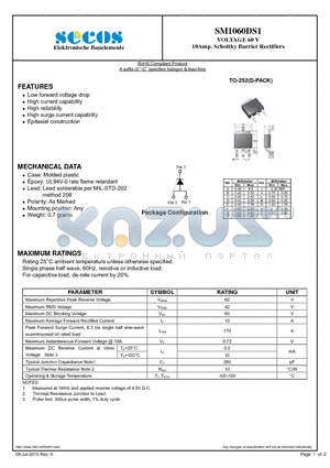 SM1060DS1 datasheet - VOLTAGE 60 V 10Amp. Schottky Barrier Rectifiers