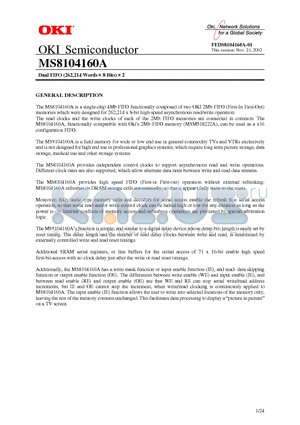 MS8104160A datasheet - Dual FIFO (262,214 Words  8 Bits)  2