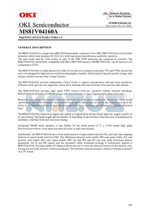 MS81V04160A datasheet - Dual FIFO (262,214 Words  8 Bits)  2