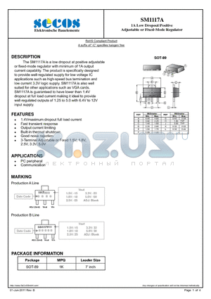 SM1117A datasheet - 1A Low Dropout Positive Adjustable or Fixed-Mode Regulator