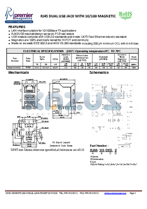 RJ44-101DYD2 datasheet - RJ45 DUAL USB JACK WITH 10/100 MAGNETIC