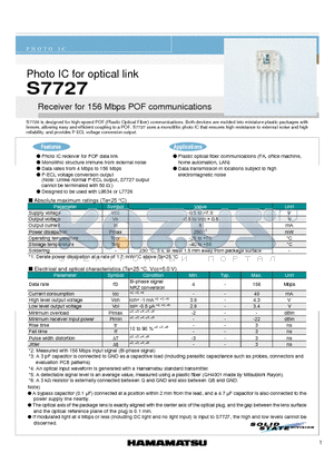 S7727 datasheet - Photo IC for optical link Receiver for 156 Mbps POF communications