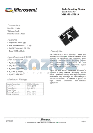 MS8350-P2819 datasheet - GaAs Schottky Diodes TM Low RS Series Pair