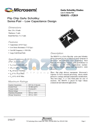 MS8351-P2819 datasheet - GaAs Schottky Diodes Low CT TM Series Pair