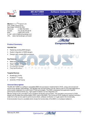 MC-ACT-6809-VHD datasheet - SoftwareCompatible6809CPU