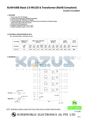 RJ3Z01Y2100001 datasheet - RJ45USB Stack 2.0 W/LED & Transfomer