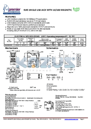 RJ4-1201DYD2 datasheet - RJ45 SINGLE USB JACK WITH 10/100 MAGNETIC